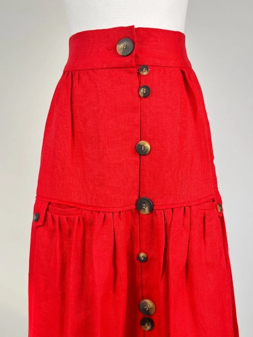 NWOT Farm Rio Red Mixed Buttons Linen Midi Skirt Elastic Waist Size S - Picture 9 of 13